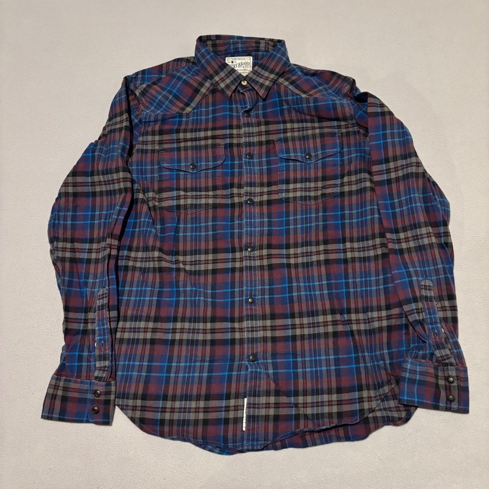Lucky Brand Mens Plaid‎ Western Snap Button Down Shirt Blue Burgundy Grey Large